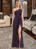 Ellie A-Line One-Shoulder Floor-Length Chiffon Bridesmaid Dress With Split Front Cascading Ruffles STAP0012997