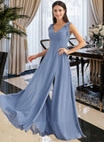 Cristal A-Line V-neck Floor-Length Bridesmaid Dress With Bow(s) Split Front STAP0013001