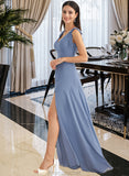 Cristal A-Line V-neck Floor-Length Bridesmaid Dress With Bow(s) Split Front STAP0013001