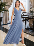 Cristal A-Line V-neck Floor-Length Bridesmaid Dress With Bow(s) Split Front STAP0013001