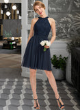 Elvira A-Line Scoop Neck Knee-Length Chiffon Lace Bridesmaid Dress With Ruffle STAP0013006