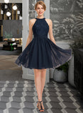 Elvira A-Line Scoop Neck Knee-Length Chiffon Lace Bridesmaid Dress With Ruffle STAP0013006