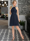 Elvira A-Line Scoop Neck Knee-Length Chiffon Lace Bridesmaid Dress With Ruffle STAP0013006