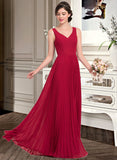 Gladys A-Line V-neck Floor-Length Chiffon Bridesmaid Dress With Split Front Pleated STAP0013007