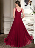 Gladys A-Line V-neck Floor-Length Chiffon Bridesmaid Dress With Split Front Pleated STAP0013007