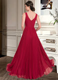 Gladys A-Line V-neck Floor-Length Chiffon Bridesmaid Dress With Split Front Pleated STAP0013007