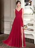 Gladys A-Line V-neck Floor-Length Chiffon Bridesmaid Dress With Split Front Pleated STAP0013007