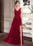 Gladys A-Line V-neck Floor-Length Chiffon Bridesmaid Dress With Split Front Pleated STAP0013007