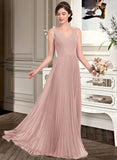 Gladys A-Line V-neck Floor-Length Chiffon Bridesmaid Dress With Split Front Pleated STAP0013007