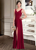 Gladys A-Line V-neck Floor-Length Chiffon Bridesmaid Dress With Split Front Pleated STAP0013007