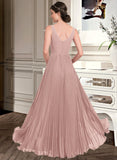 Gladys A-Line V-neck Floor-Length Chiffon Bridesmaid Dress With Split Front Pleated STAP0013007