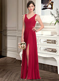 Gladys A-Line V-neck Floor-Length Chiffon Bridesmaid Dress With Split Front Pleated STAP0013007