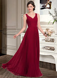 Gladys A-Line V-neck Floor-Length Chiffon Bridesmaid Dress With Split Front Pleated STAP0013007