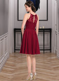 Marilyn A-Line Scoop Neck Knee-Length Chiffon Lace Bridesmaid Dress With Ruffle Bow(s) STAP0013012