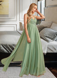 Aryanna A-Line V-neck Floor-Length Bridesmaid Dress With Ruffle STAP0013014