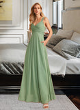 Aryanna A-Line V-neck Floor-Length Bridesmaid Dress With Ruffle STAP0013014