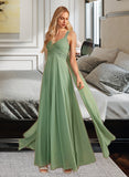 Aryanna A-Line V-neck Floor-Length Bridesmaid Dress With Ruffle STAP0013014