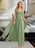 Aryanna A-Line V-neck Floor-Length Bridesmaid Dress With Ruffle STAP0013014