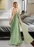 Aryanna A-Line V-neck Floor-Length Bridesmaid Dress With Ruffle STAP0013014