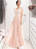 Claire A-Line V-neck Floor-Length Bridesmaid Dress With Ruffle STAP0013025