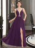 Chaya A-Line V-neck Floor-Length Chiffon Bridesmaid Dress With Beading Sequins Split Front Pockets STAP0013028