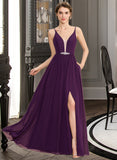 Chaya A-Line V-neck Floor-Length Chiffon Bridesmaid Dress With Beading Sequins Split Front Pockets STAP0013028