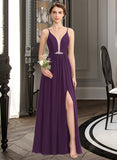 Chaya A-Line V-neck Floor-Length Chiffon Bridesmaid Dress With Beading Sequins Split Front Pockets STAP0013028