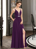 Chaya A-Line V-neck Floor-Length Chiffon Bridesmaid Dress With Beading Sequins Split Front Pockets STAP0013028