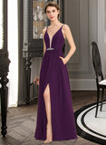 Chaya A-Line V-neck Floor-Length Chiffon Bridesmaid Dress With Beading Sequins Split Front Pockets STAP0013028