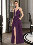 Chaya A-Line V-neck Floor-Length Chiffon Bridesmaid Dress With Beading Sequins Split Front Pockets STAP0013028