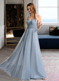 Glenda A-Line V-neck Floor-Length Bridesmaid Dress With Lace STAP0013030