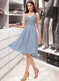 Ella A-Line V-neck Knee-Length Chiffon Lace Bridesmaid Dress STAP0013032