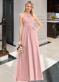 Moriah A-Line Scoop Neck Floor-Length Chiffon Bridesmaid Dress With Bow(s) Cascading Ruffles STAP0013033