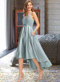 Karen A-Line Scoop Neck Asymmetrical Satin Bridesmaid Dress With Pockets STAP0013050