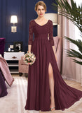 Hillary A-Line V-neck Floor-Length Chiffon Lace Bridesmaid Dress With Ruffle Split Front STAP0013051