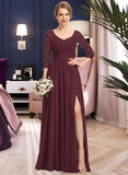 Hillary A-Line V-neck Floor-Length Chiffon Lace Bridesmaid Dress With Ruffle Split Front STAP0013051