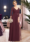 Hillary A-Line V-neck Floor-Length Chiffon Lace Bridesmaid Dress With Ruffle Split Front STAP0013051