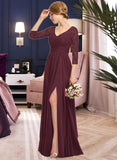 Hillary A-Line V-neck Floor-Length Chiffon Lace Bridesmaid Dress With Ruffle Split Front STAP0013051