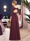 Hillary A-Line V-neck Floor-Length Chiffon Lace Bridesmaid Dress With Ruffle Split Front STAP0013051