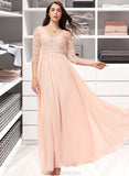 Briana A-line V-Neck Floor-Length Chiffon Lace Bridesmaid Dress STAP0013062