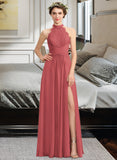 Amara A-Line High Neck Floor-Length Chiffon Lace Bridesmaid Dress With Ruffle Split Front STAP0013065