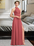 Amara A-Line High Neck Floor-Length Chiffon Lace Bridesmaid Dress With Ruffle Split Front STAP0013065