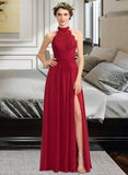 Amara A-Line High Neck Floor-Length Chiffon Lace Bridesmaid Dress With Ruffle Split Front STAP0013065