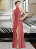 Amara A-Line High Neck Floor-Length Chiffon Lace Bridesmaid Dress With Ruffle Split Front STAP0013065