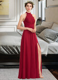 Amara A-Line High Neck Floor-Length Chiffon Lace Bridesmaid Dress With Ruffle Split Front STAP0013065