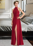 Amara A-Line High Neck Floor-Length Chiffon Lace Bridesmaid Dress With Ruffle Split Front STAP0013065