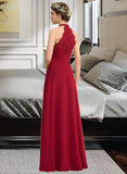 Amara A-Line High Neck Floor-Length Chiffon Lace Bridesmaid Dress With Ruffle Split Front STAP0013065