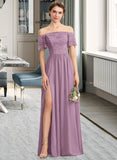 Shyla A-Line Off-the-Shoulder Floor-Length Chiffon Lace Bridesmaid Dress With Split Front STAP0013066