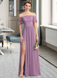 Shyla A-Line Off-the-Shoulder Floor-Length Chiffon Lace Bridesmaid Dress With Split Front STAP0013066