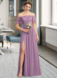 Shyla A-Line Off-the-Shoulder Floor-Length Chiffon Lace Bridesmaid Dress With Split Front STAP0013066